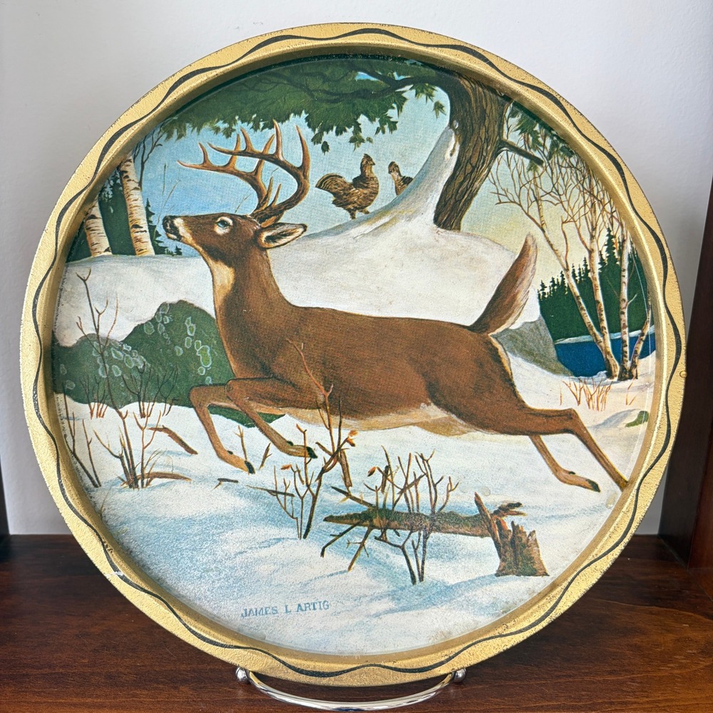 Vintage James L Artig Metal Serving Tray Winter Deer Wildlife Scene 11 Inch